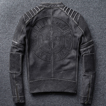 Old stand-up collar Harley motorcycle clothing slim short leather jacket Mens leather leather jacket Head layer thick cowhide mens coat