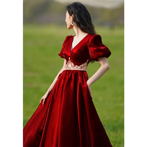 Toast dress bride wedding 2021 new summer temperament thin back door wine red engagement evening dress medium-long section