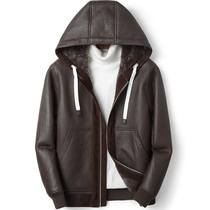 Original ecological leather hair one mens leather Brown personality short fashion zipper jacket hooded fur jacket