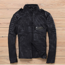 2021 Leather Leather Leather Men Locomotive Harley Head Cowhide Jacket Stand Collar Slim Short Motorcycle Leather Clothes