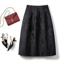 Black jacquard skirt womens long 2021 autumn new texture high waist A- line dress puffy flower bud skirt