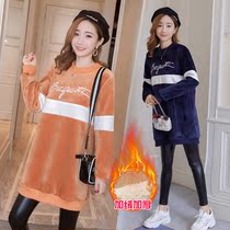 Pregnant womens autumn and winter suits plus velvet thickened medium-length sweater womens tide mother out fashion golden velvet winter coat