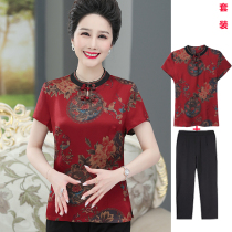 Mom short-sleeved t-shirt womens summer 50-60 years old middle-aged and the elderly noble silk Tang dress top old lady small shirt set