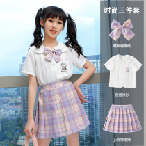 Childrens jk uniform suit summer skirt Genuine girls original primary school uniform Sailor suit gk full grid skirt