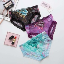 2-4 panties female embroidery mesh sexy transparent lace openwork temptation mid-rise women cotton crotch briefs