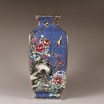 Qing Qianlong enamel color flowers and birds square blue vase Chinese ancient frame antique ornaments