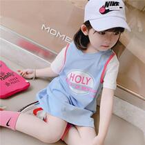 (Cotton) girls fake two pieces of dress 2021 summer new childrens foreign style princess dress baby T-shirt skirt