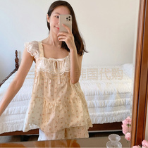 EVENIE Korea 2021 summer cotton fresh sweet lace edge small floral sling shorts pyjamas set women