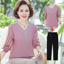 Middle-aged mother foreign style round neck long sleeve solid color t-shirt top 40-50 years old womens summer slim suit base shirt