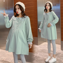 Pregnant women Spring suit fashion 2022 pregnant women doll collar top plus belly pants age reduction spring and autumn two-piece set