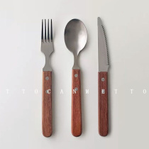 Japan and South Korea solid wood handle stainless steel knife fork spoon tableware ins dessert fork Western food steak knife three-piece cake