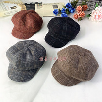 Japanese childrens hat autumn and winter boy cap British Plaid octagonal hat Joker girl beret