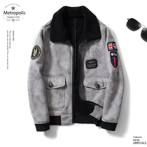 Vintage Embroidered Air Force flight suit Leather jacket Mens fur one-piece motorcycle leather jacket Winter imitation elk leather large size jacket