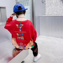 Boy Spring Bottling National Tide China Red Suit Foreign Gas Ruffling Handsome Baby Spring Autumn Sweatshirt Two Sets Children Fry Street Tide Clothing