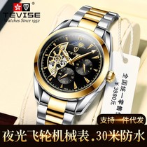 Swiss TEVISE Tweeters watch tourbillon mens meter waterproof mechanical watch large business mens steel band table