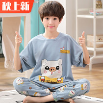 Childrens cotton pajamas boys summer short-sleeved trousers thin boys middle and big children spring and autumn cotton home suit suit