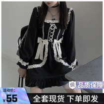 Japanese soft girl cute bow strap Lotus lace big long sleeve maid dress Princess dress Lori