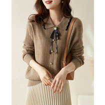 Boo Pala does not bear the autumn wind hollow jacquard color color lapel bow bow lace wool sweater women Autumn