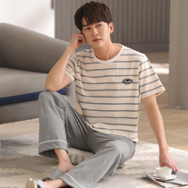 Fenteng official new pajamas men summer cotton short-sleeved trousers striped thin youth loungewear plus size set