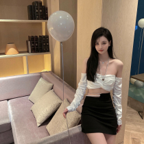 FairyJiang black skirt womens summer high-end sense pearl rhinestone waist chain design niche hip skirt