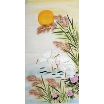 Chinese painting finished flower and bird painting decorative painting small freehand brushwork three feet vertical lotus pond heron pure hand-painted authentic number 05d7