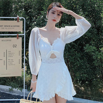 Swimwear Women summer one-piece skirt style long sleeve conservative boxer pants cover belly thin 2021 new fairy size swimsuit