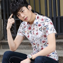 Rich bird printed shirt mens short-sleeved Korean slim anti-wrinkle floral shirt trend casual summer free ironing mens clothing