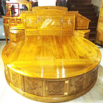 Gold Silk Nanmu Double Man Bed Small Leaf Zhen Nan Big Round Bed Solid Wood High And Low Bed New Chinese Shelf Bed Sandalwood Peacock