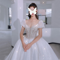 V-neck starry sky light main wedding dress 2021 new bride super fairy French tail small man simple thin summer woman