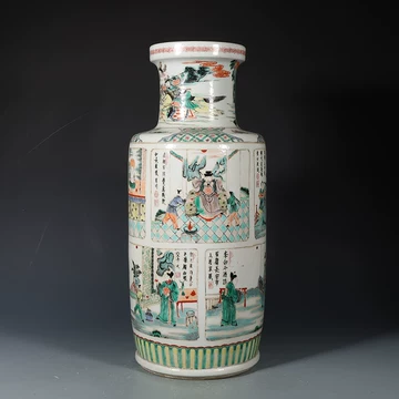 清時代 康熙五彩人物物語文瓶　西廂記棒槌瓶 花瓶(E-74) 清時代 康熙五彩人物物語文瓶 西廂記棒槌瓶 花瓶(E-74) 五彩棒槌