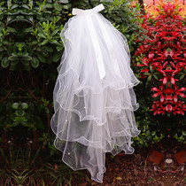 New Korean cute retro multi-layer puffy bow Pearl yarn Bride wedding yarn shape travel photo head yarn