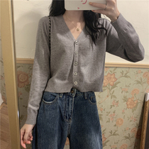 Sweater cardigan jacket womens spring autumn and winter all-match short long-sleeved top sweater outer thin V-neck bottoming shirt