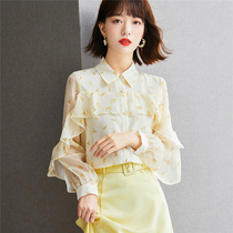  Floral chiffon shirt womens long-sleeved autumn 2021 new fashion ruffle top super fairy foreign style beautiful little shirt