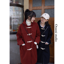Ouyang Xi Korean version of the long woolen coat 2021 autumn and winter horns buckle design cotton thickened woolen coat women