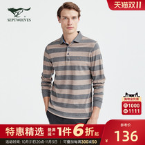 A (cotton) Septwolves striped lapel T-shirt mens spring and autumn fashion business casual wild American POLO shirt