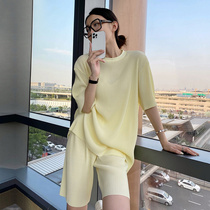 Yellow Triple Home Folds Blouse Shorts Suit Women Summer Temperament Fashion 2021 Thin sports casual Two sets