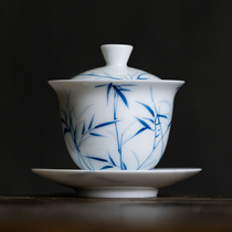 White porcelain hand-painted underglaze color blue and white bamboo shadow cover bowl set Sansai bowl Teacup Ceramic Japanese Kung Fu tea set to make tea
