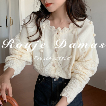 French Rouje Damas autumn and winter retro wave collar heavy industry hook flower hair ball design knitted cardigan sweater women