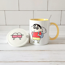 Homemade Crayon Shinchan mug Creative cute cartoon drinking cup Ceramic cup girls Day gift with lid spoon