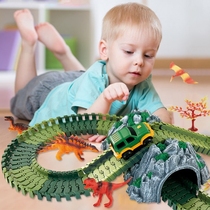 One-year-old childrens educational dinosaur electric rail car assembly double-layer track building block toy car building