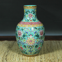 手绘粉彩松石绿地缠枝莲纹赏瓶 袁世勇摆件装饰景德镇花瓶