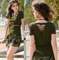 Green equipment military fans outdoor military green T-shirt square dance sailor dance T-shirt cotton coat womens short sleeve size