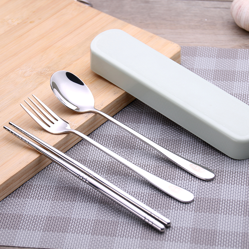 Korean cute portable stainless steel tableware set chopsticks spoon fork three sets student travel chopstick spoon box