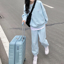 2021 autumn and winter new leisure sports slim fried street net red chi plus velvet padded sweater embroidery two-piece set