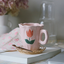 Lovely (send spoon)Hand pinch ins cream powder Vintage hand painted tulip mug Water cup cup