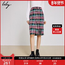 LILY2021 winter new womens comfortable wool color color plaid elegant split slim high waist skirt