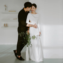 Sexy backless light wedding dress simple satin long sleeve go out gauze Bride wedding tour white French licensed dress