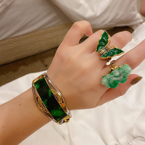 Italian craft 925 silver design inlay A goods spicy green jade gourd safe buckle wishful ring personality retro