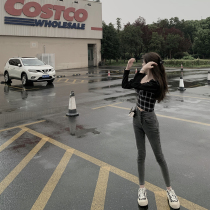 Good morning Fan Fan washed high-waisted jeans female spring and autumn thin all-purpose design sense niche lift hip slim pants