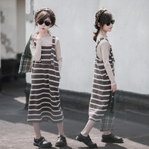 Spring and autumn winter girls striped dress in the big child medium long sweater strap skirt fashion girl casual foreign style
